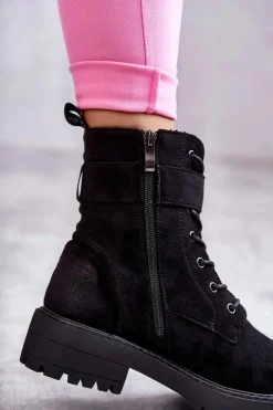 New Boto Damskie Botki Zamszowe Sznurowane Na Płaskim Obcasie Czarne Firmina