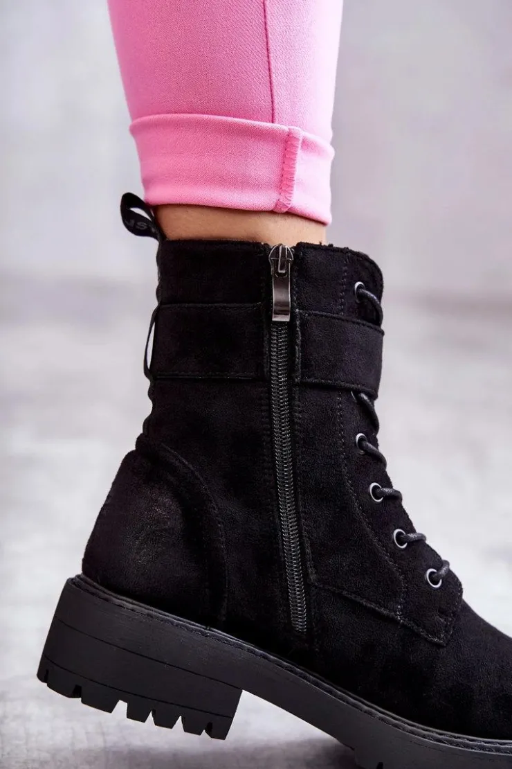 New Boto Damskie Botki Zamszowe Sznurowane Na Płaskim Obcasie Czarne Firmina