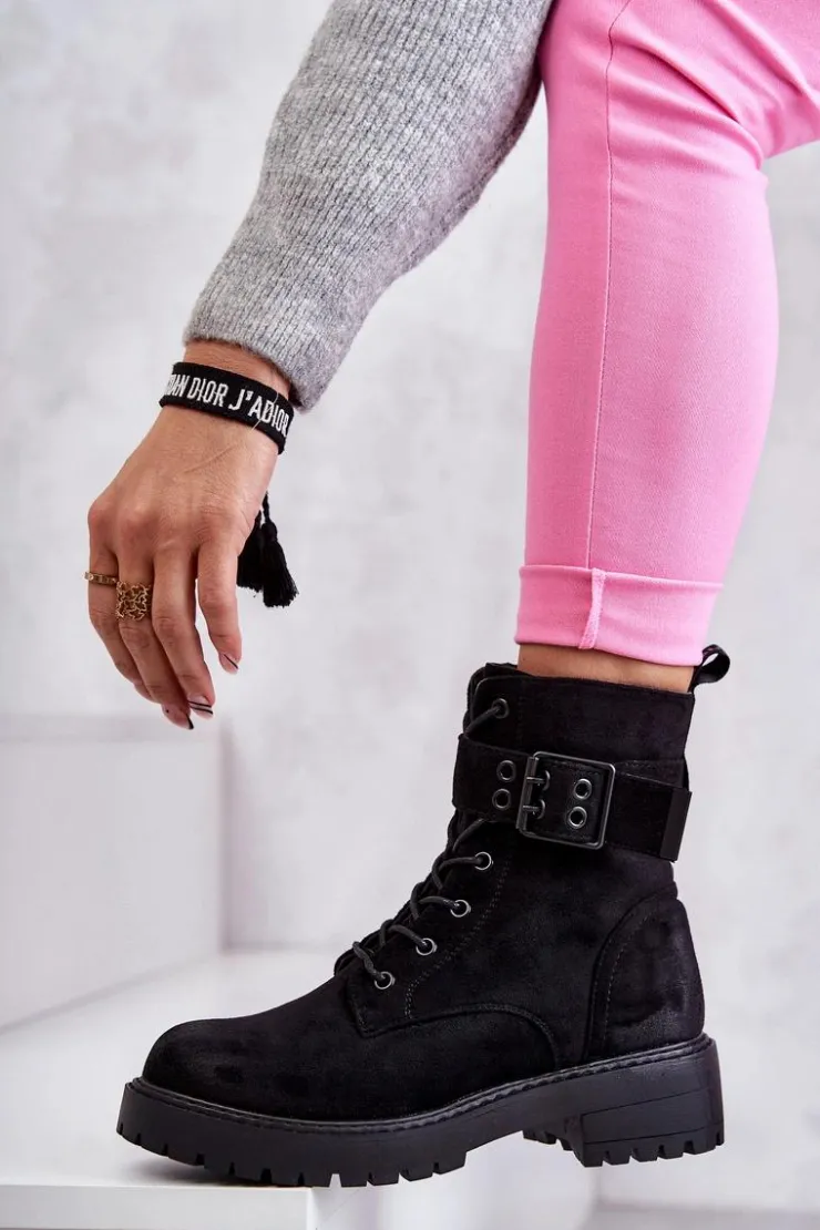 New Boto Damskie Botki Zamszowe Sznurowane Na Płaskim Obcasie Czarne Firmina
