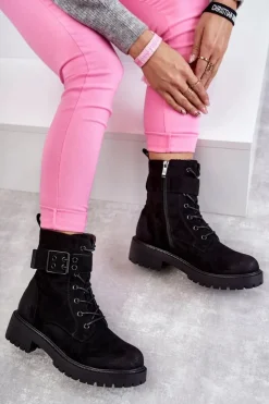 New Boto Damskie Botki Zamszowe Sznurowane Na Płaskim Obcasie Czarne Firmina