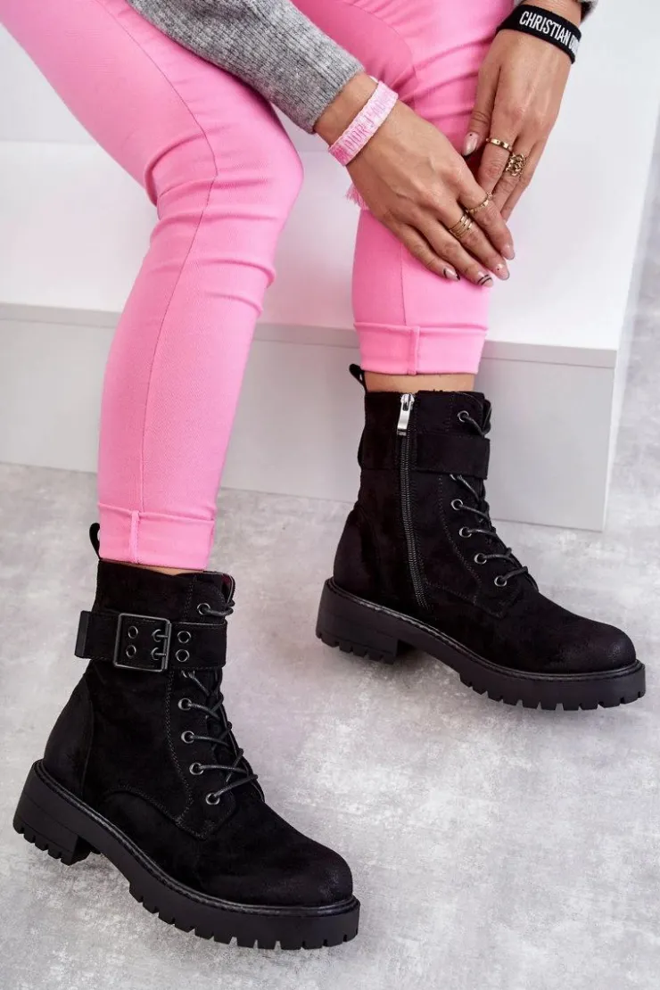 New Boto Damskie Botki Zamszowe Sznurowane Na Płaskim Obcasie Czarne Firmina