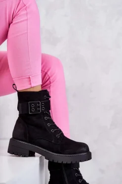 New Boto Damskie Botki Zamszowe Sznurowane Na Płaskim Obcasie Czarne Firmina