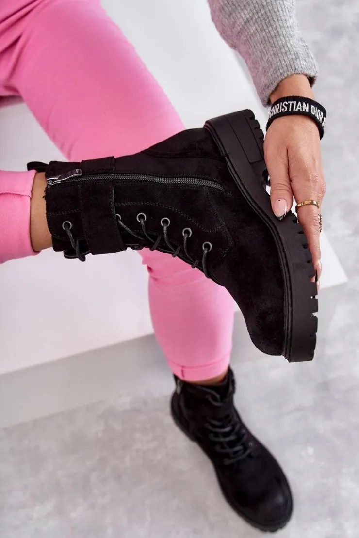 New Boto Damskie Botki Zamszowe Sznurowane Na Płaskim Obcasie Czarne Firmina