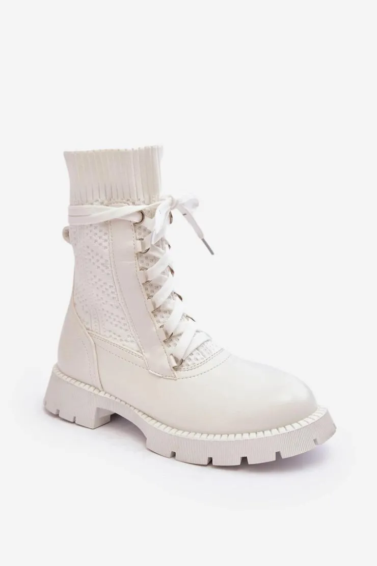 Damskie Boto Damskie Botki Ze Skarpetą Sznurowane Białe Gentiana