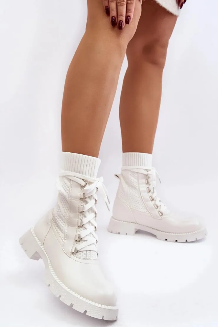 Damskie Boto Damskie Botki Ze Skarpetą Sznurowane Białe Gentiana