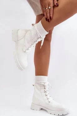 Damskie Boto Damskie Botki Ze Skarpetą Sznurowane Białe Gentiana