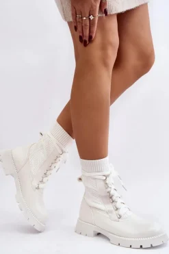 Damskie Boto Damskie Botki Ze Skarpetą Sznurowane Białe Gentiana