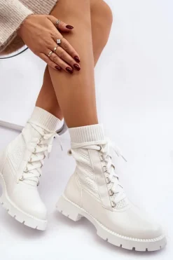 Damskie Boto Damskie Botki Ze Skarpetą Sznurowane Białe Gentiana