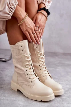 Damskie Boto Damskie Botki Ze Skarpetą Na Płaskim Obcasie Beżowe Liam