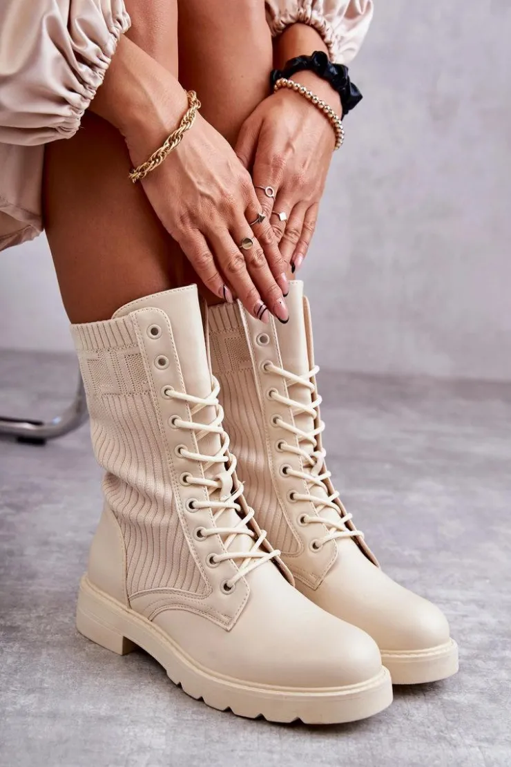 Damskie Boto Damskie Botki Ze Skarpetą Na Płaskim Obcasie Beżowe Liam