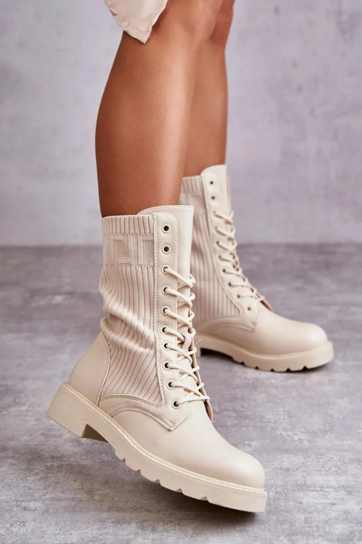 Damskie Boto Damskie Botki Ze Skarpetą Na Płaskim Obcasie Beżowe Liam