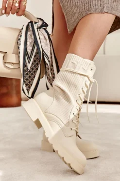 Damskie Boto Damskie Botki Ze Skarpetą Na Płaskim Obcasie Beżowe Liam