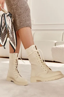 Damskie Boto Damskie Botki Ze Skarpetą Na Płaskim Obcasie Beżowe Liam