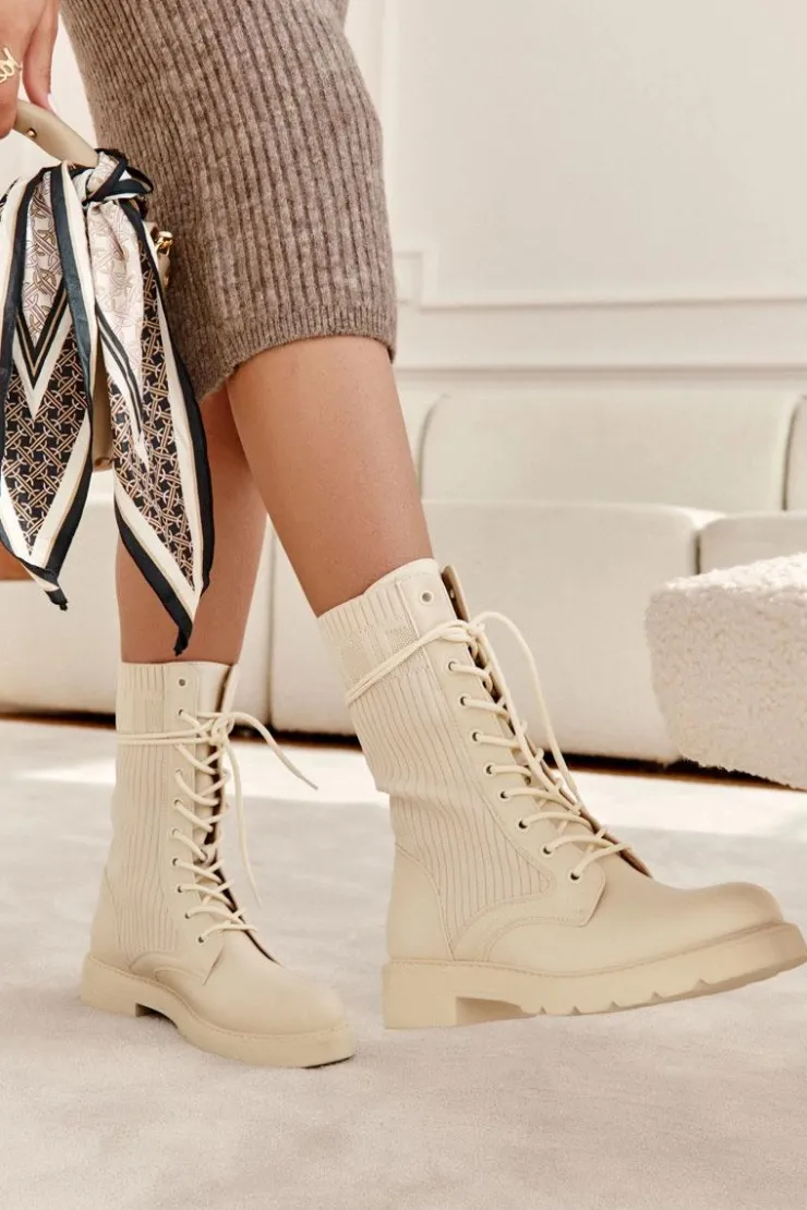 Damskie Boto Damskie Botki Ze Skarpetą Na Płaskim Obcasie Beżowe Liam