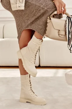 Damskie Boto Damskie Botki Ze Skarpetą Na Płaskim Obcasie Beżowe Liam