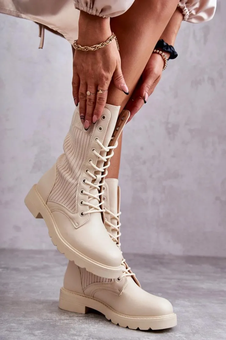 Damskie Boto Damskie Botki Ze Skarpetą Na Płaskim Obcasie Beżowe Liam