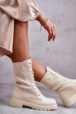 Damskie Boto Damskie Botki Ze Skarpetą Na Płaskim Obcasie Beżowe Liam