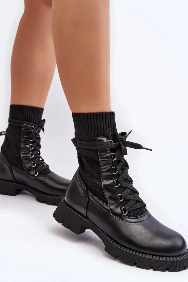 Best Boto Damskie Botki Ze Skarpetą Sznurowane Czarne Gentiana Czarny