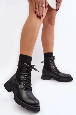 Best Boto Damskie Botki Ze Skarpetą Sznurowane Czarne Gentiana Czarny