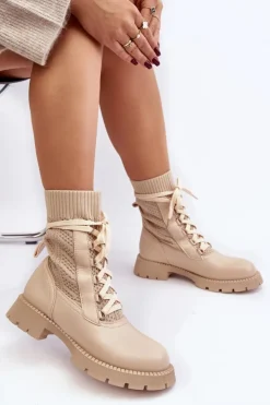 Online Boto Damskie Botki Ze Skarpetą Sznurowane Jasnobeżowe Gentiana Beżowy