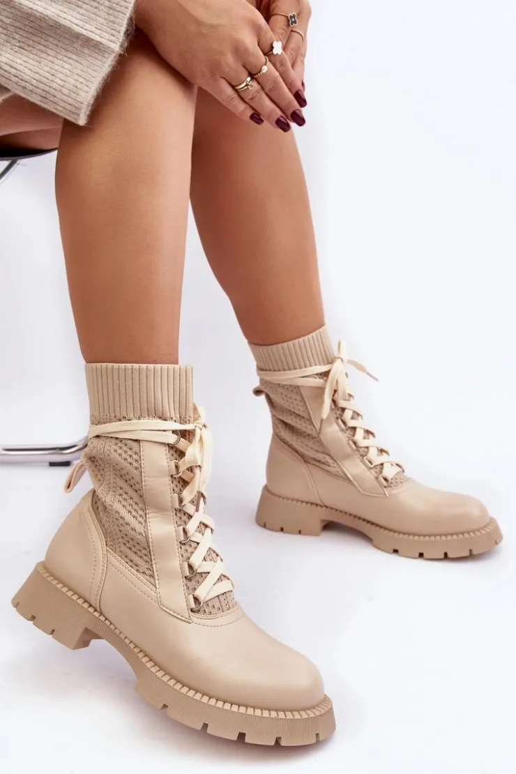 Online Boto Damskie Botki Ze Skarpetą Sznurowane Jasnobeżowe Gentiana Beżowy