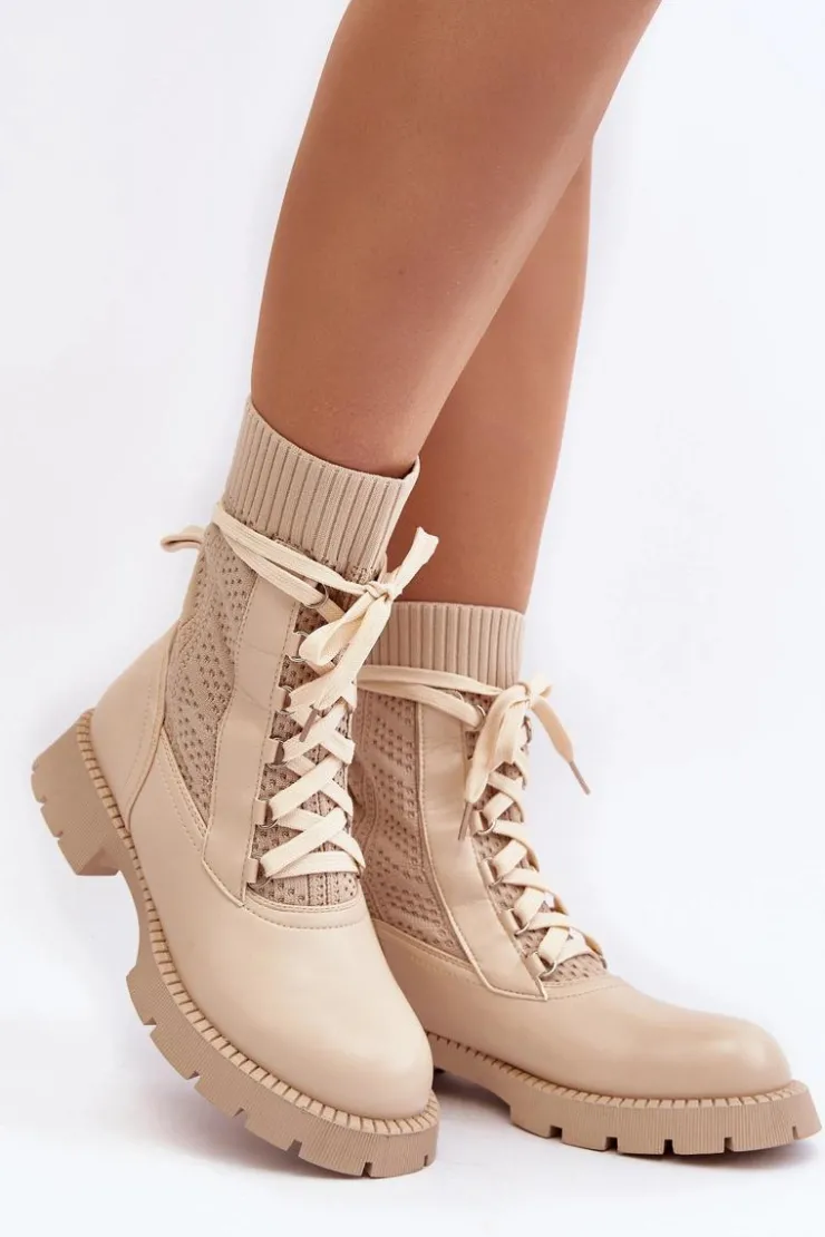 Online Boto Damskie Botki Ze Skarpetą Sznurowane Jasnobeżowe Gentiana Beżowy