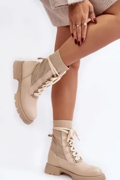 Online Boto Damskie Botki Ze Skarpetą Sznurowane Jasnobeżowe Gentiana Beżowy