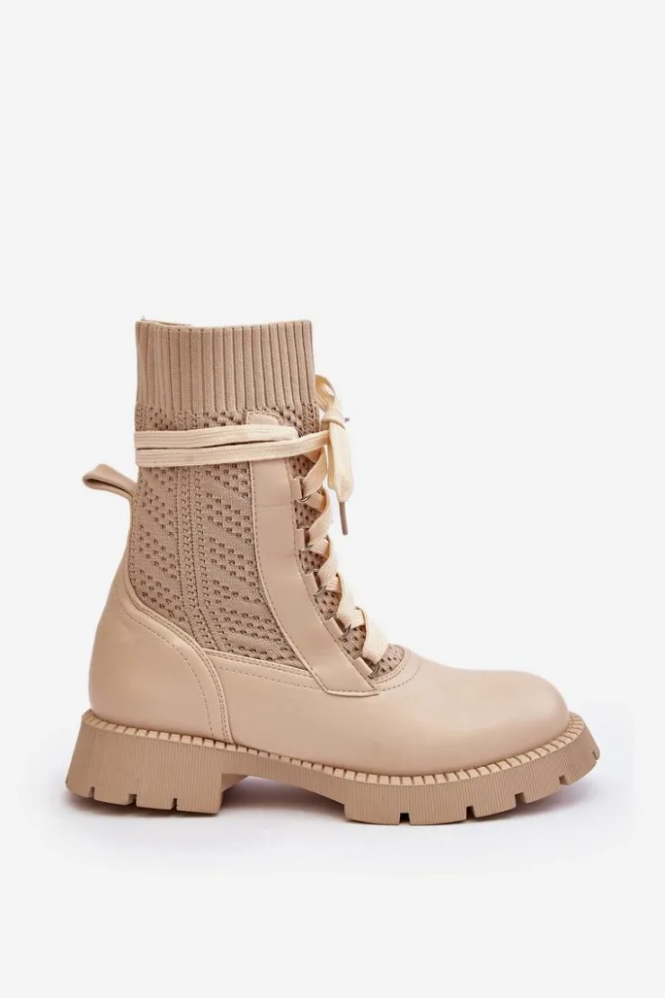 Online Boto Damskie Botki Ze Skarpetą Sznurowane Jasnobeżowe Gentiana Beżowy