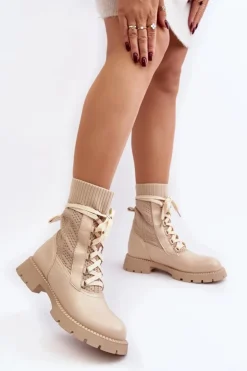 Online Boto Damskie Botki Ze Skarpetą Sznurowane Jasnobeżowe Gentiana Beżowy
