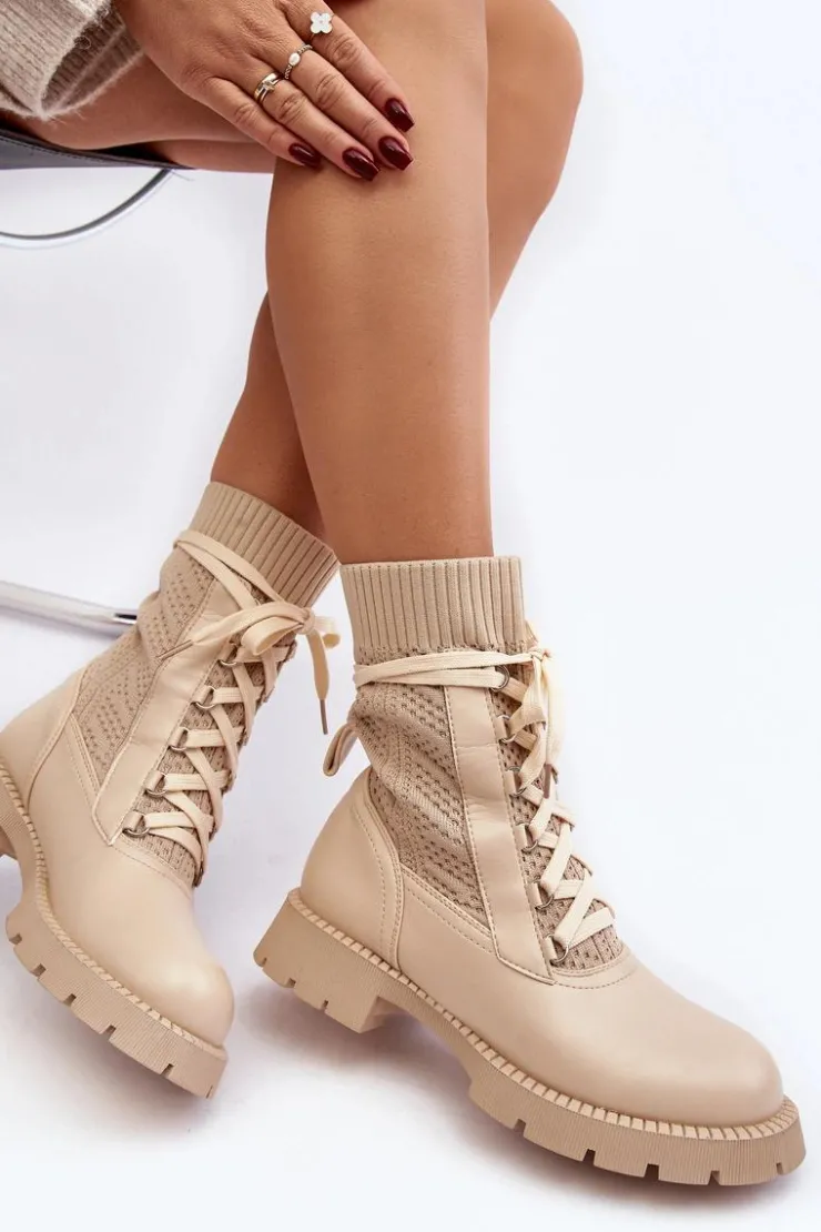 Online Boto Damskie Botki Ze Skarpetą Sznurowane Jasnobeżowe Gentiana Beżowy