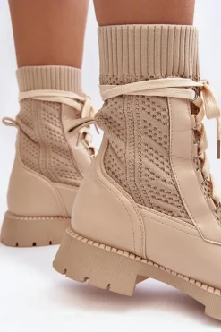 Online Boto Damskie Botki Ze Skarpetą Sznurowane Jasnobeżowe Gentiana Beżowy