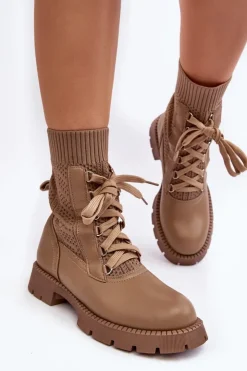 Boto Botki Wiosenne|Botki Sznurowane*Damskie Botki Ze Skarpetą Sznurowane Brązowe Gentiana Brązowy
