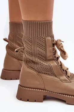Boto Botki Wiosenne|Botki Sznurowane*Damskie Botki Ze Skarpetą Sznurowane Brązowe Gentiana Brązowy