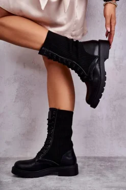 Damskie Boto Damskie Botki Ze Skarpetą Na Płaskim Obcasie Czarne Liam