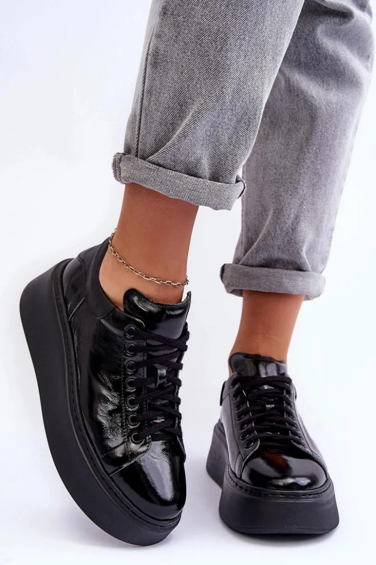 New Boto Damskie Buty Sportowe Lakierowane na Platformie Czarne Lemar 10150