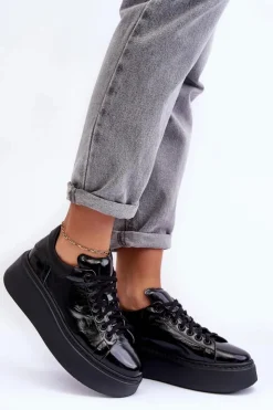 New Boto Damskie Buty Sportowe Lakierowane na Platformie Czarne Lemar 10150