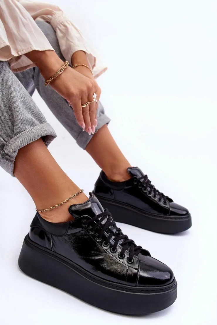 New Boto Damskie Buty Sportowe Lakierowane na Platformie Czarne Lemar 10150