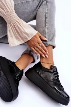 New Boto Damskie Buty Sportowe Lakierowane na Platformie Czarne Lemar 10150