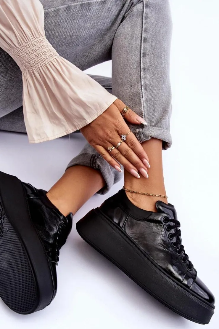 New Boto Damskie Buty Sportowe Lakierowane na Platformie Czarne Lemar 10150