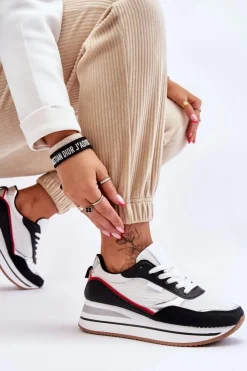 Damskie Boto Damskie Buty Sportowe Na Koturnie I Platformie Biało-Czarne Allen