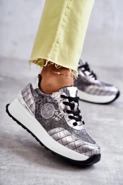 Hot GOE Damskie Buty Sportowe Na Koturnie KK2N4083 Srebrne Srebrny