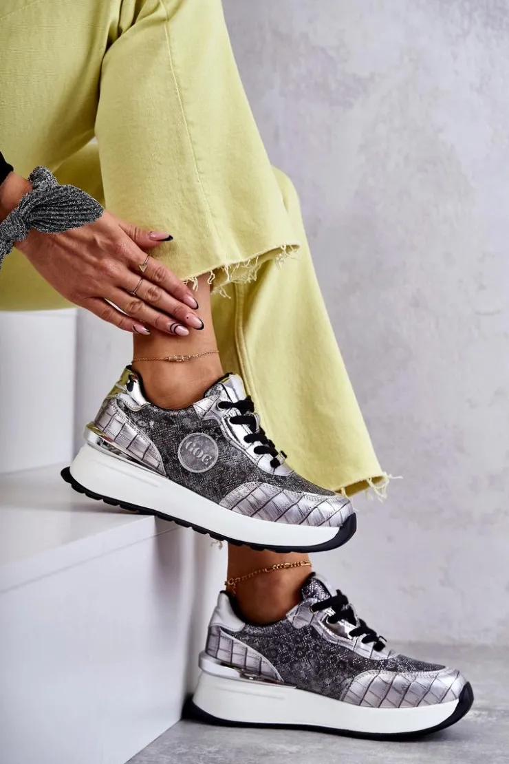 Hot GOE Damskie Buty Sportowe Na Koturnie KK2N4083 Srebrne Srebrny