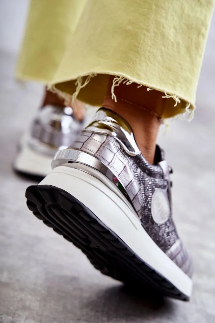 Hot GOE Damskie Buty Sportowe Na Koturnie KK2N4083 Srebrne Srebrny