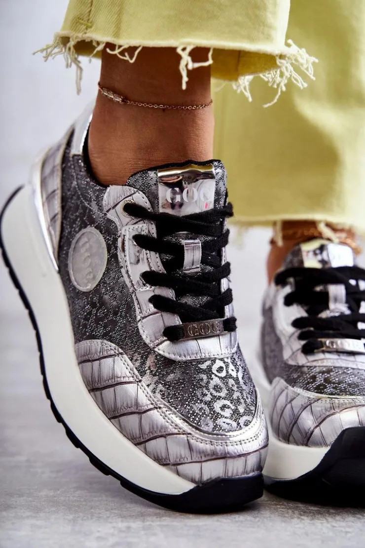 Hot GOE Damskie Buty Sportowe Na Koturnie KK2N4083 Srebrne Srebrny