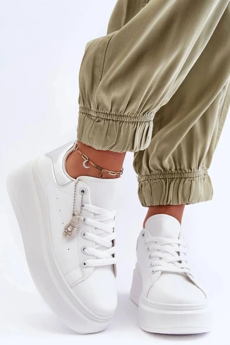 Boto Sneakersy Damskie*Damskie Buty Sportowe Na Masywnej Platformie Biało-Srebrne Mariell
