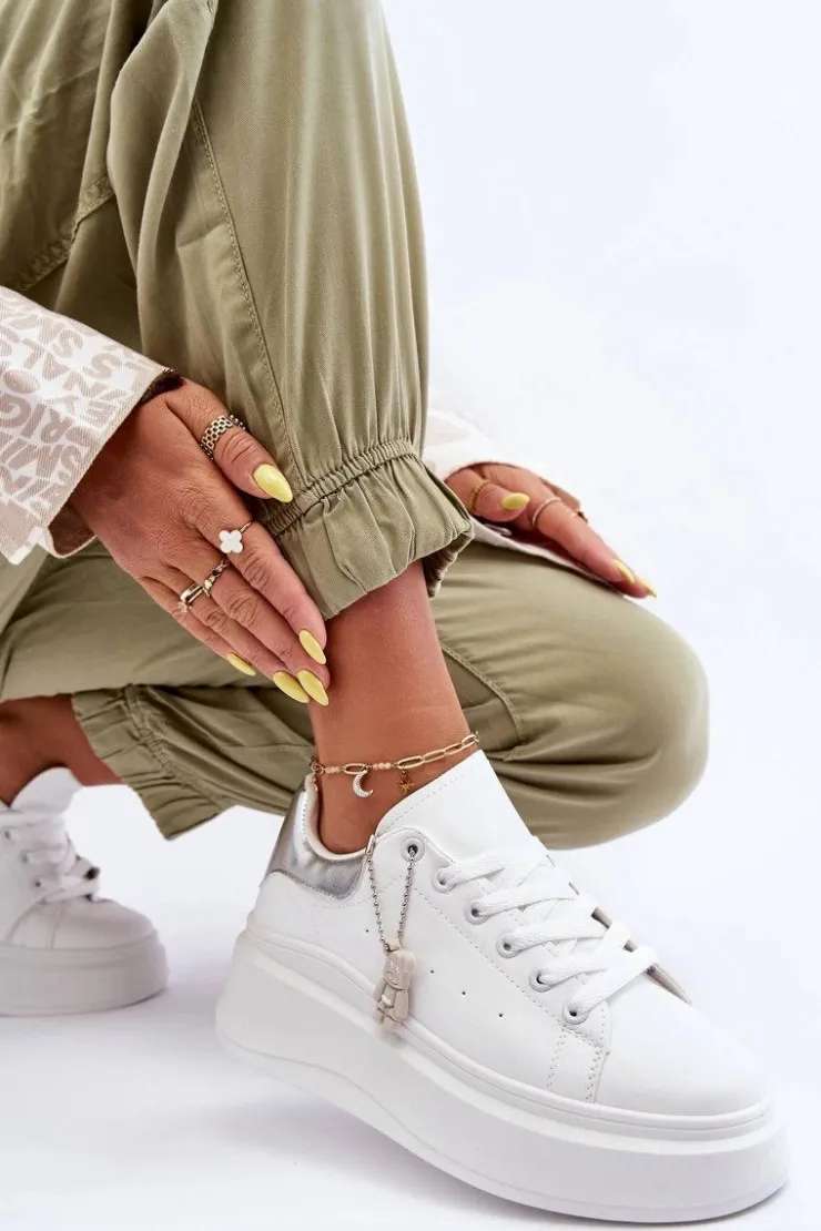 Boto Sneakersy Damskie*Damskie Buty Sportowe Na Masywnej Platformie Biało-Srebrne Mariell
