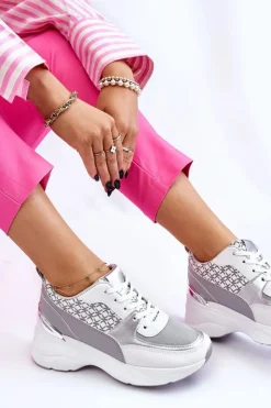 Sale Boto Damskie Buty Sportowe Na Platformie Biało-Szare Ferrina