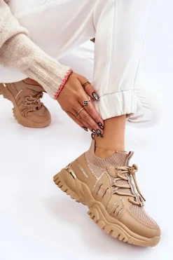 Boto Sneakersy Damskie*Damskie Buty Sportowe Skarpetkowe Wsuwane Beżowe Berna