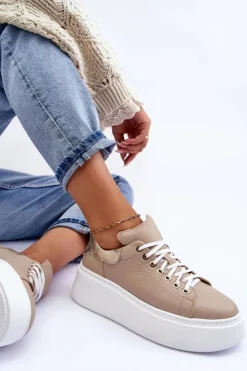 Online Boto Damskie Buty Sportowe Skórzane na Platformie Beżowe Lemar 10150 Beżowy