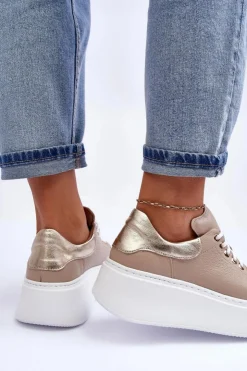 Online Boto Damskie Buty Sportowe Skórzane na Platformie Beżowe Lemar 10150 Beżowy